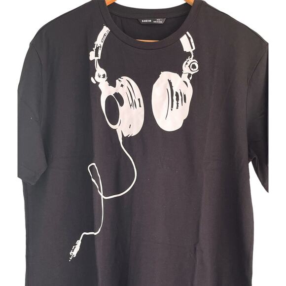 Shein Men Black Headphones Music Print Tee T-Shirt Size Medium Bin C/shein Bag - Picture 4 of 11